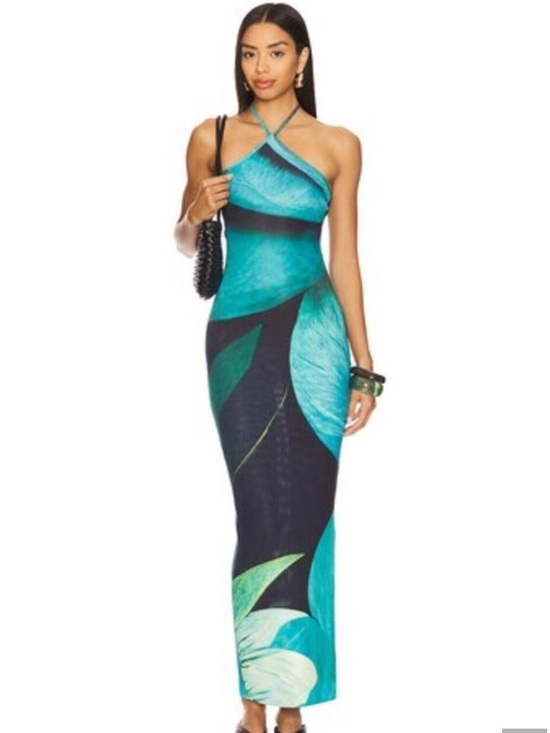 Farai London Dresses & Skirts - Revolve Farai London Teal Tropical Black Halter Maxi Dress